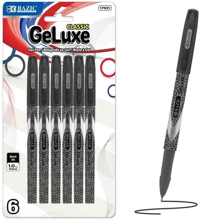 Main image of GeLuxe Black Gel Roller Pens, 1.0mm Medium, 6 Count | 1.0 mm medium, Smooth bold gel ink, skip-free, school, office, journaling, Pocket clip
