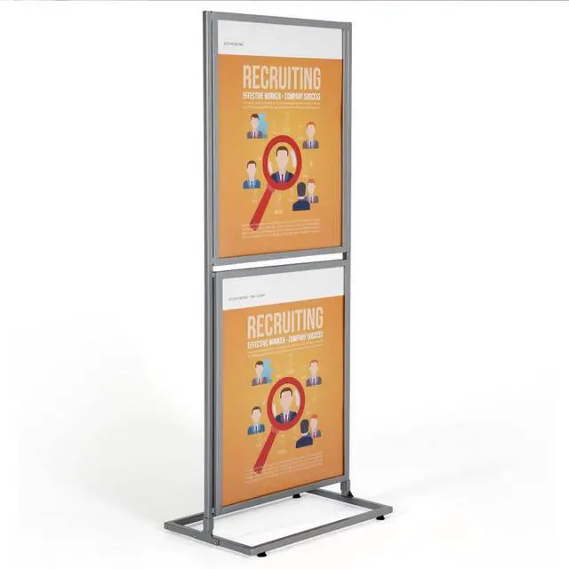 Alt view image 2 of 7 - Metal Eco Info Board, Silver 18x24 Inches Slide-In Poster Sign Holder 2 Tier Double Sided Floor Standing Pedestal Advertising Display with Backing and Anti-Glare Lens