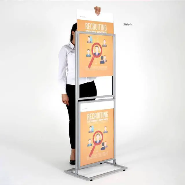 Alt view image 5 of 7 - Metal Eco Info Board, Silver 18x24 Inches Slide-In Poster Sign Holder 2 Tier Double Sided Floor Standing Pedestal Advertising Display with Backing and Anti-Glare Lens