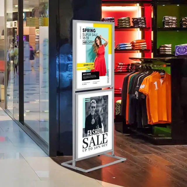 Alt view image 7 of 7 - Metal Eco Info Board, Silver 18x24 Inches Slide-In Poster Sign Holder 2 Tier Double Sided Floor Standing Pedestal Advertising Display with Backing and Anti-Glare Lens