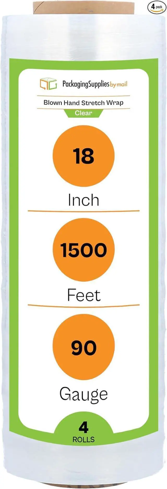 Main image of PSBM Blown Hand Stretch Wrap/Shrink Film 18" x 1500 feet 90 Gauge 4 Rolls | Clear Blown Stretch Wrap Heavy Duty Plastic Industrial Strength Film for Packaging, Moving, Packing, Shipping & Storage