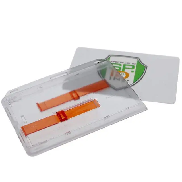 Alt view image 2 of 7 - Bulk 50 Pack - Rigid Horizontal Two Card ID Badge Holder with Double Red Extractor Slider - Clear Hard Plastic 2 Card Protector with Easy to Slide Dispenser for Office Key Cards by