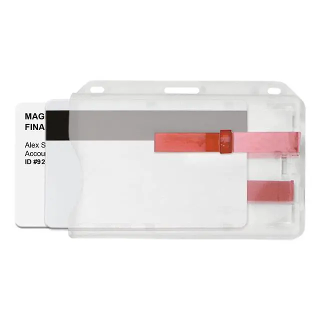 Alt view image 5 of 7 - Bulk 50 Pack - Rigid Horizontal Two Card ID Badge Holder with Double Red Extractor Slider - Clear Hard Plastic 2 Card Protector with Easy to Slide Dispenser for Office Key Cards by