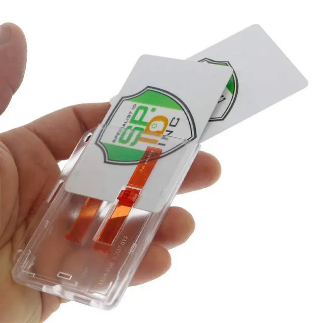 Alt view image 3 of 7 - Bulk 50 Pack - Rigid Horizontal Two Card ID Badge Holder with Double Red Extractor Slider - Clear Hard Plastic 2 Card Protector with Easy to Slide Dispenser for Office Key Cards by
