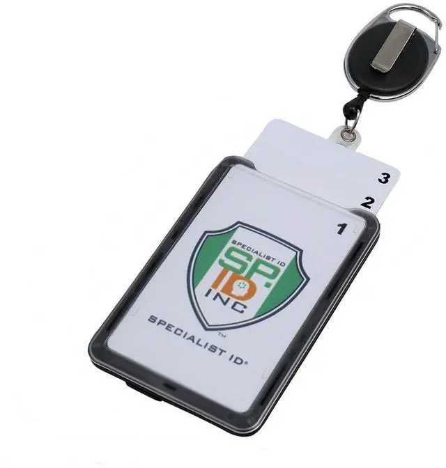 Main image of Bulk 25 Pack - Hard Plastic 3 Card Badge Holder with Badge Reel - Retractable ID Lanyard with Belt Clip & Carabiner - Rigid Vertical CAC Holder - Top Load Holds Three Cards (Black)