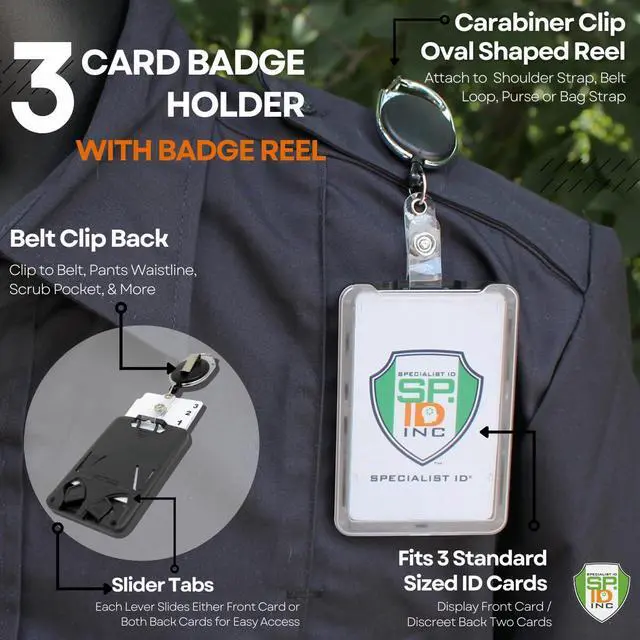 Alt view image 2 of 7 - Bulk 25 Pack - Hard Plastic 3 Card Badge Holder with Badge Reel - Retractable ID Lanyard with Belt Clip & Carabiner - Rigid Vertical CAC Holder - Top Load Holds Three Cards (Black)