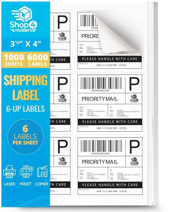 Main image of 6-Up White Permanent Self Adhesive Shipping Labels 3 1/3 x 4 Easy Peel Stickers for Laser & Inkjet Printers - 1,000 Sheets - 6,000 Count Labels