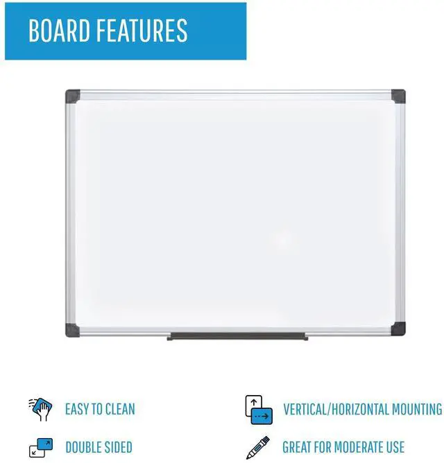 Alt view image 3 of 7 - Maya Series 48" x 96" Double Sided Melamine Dry Erase White Board with Snap-On Marker Tray, Aluminum Frame, Easy 4-Corner Mounting for Vertical or Horizontal Use