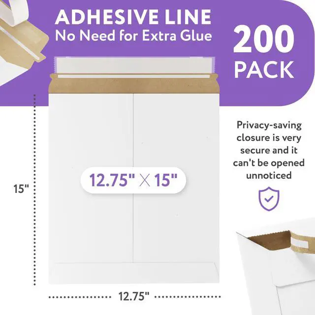 Alt view image 2 of 7 - White Rigid Mailers, 12.75 x 15 Inch. Pack of 200 Cardboard Envelopes for Photos, Documents. Sturdy Stay Flat Mailers with Self-Seal Closure. Hard Rigid Shipping Envelopes