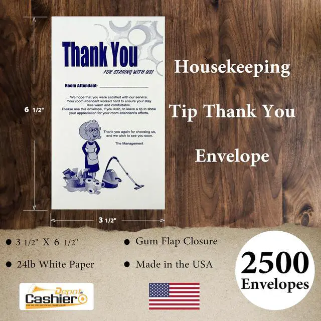 Alt view image 2 of 2 - 2500 Cashier Depot - Housekeeping Tip Thank You Envelopes 3-1/2" x 6-1/2", Sturdy 24 lb. White Paper, Gum Flap Perfect for Hotels, Motels, and Guest Services, 2500 Count