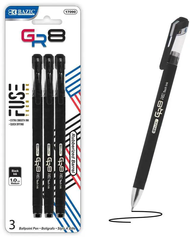 Main image of GR8 Black FUSE Tech Pens, Rubberized Barrel, 1.0mm, 144-Case | GR8 black FUSE Tech ballpoint pens, 1.0 mm medium, pocket clip, Smooth hybrid ink