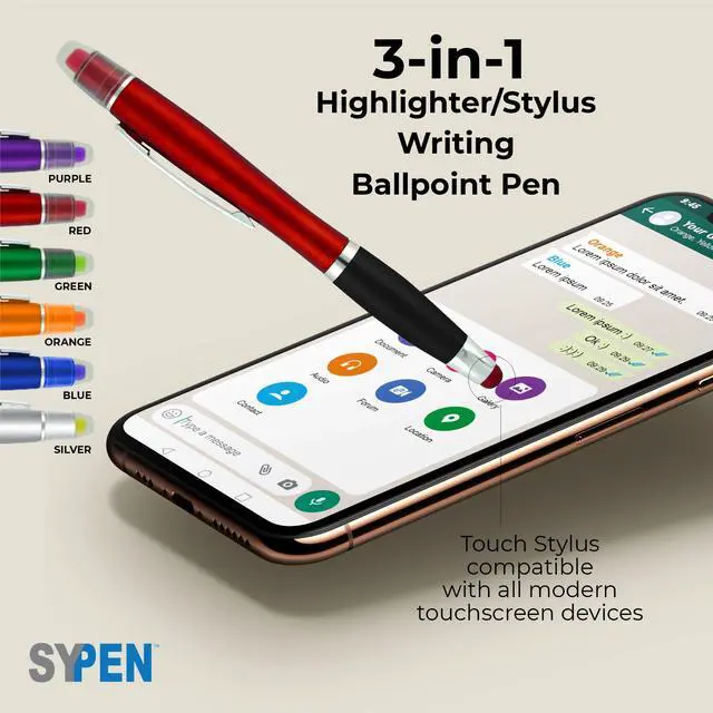Alt view image 4 of 5 - Personalized Pens with Gel Highlighter and Stylus -200 Pack Bulk-Free Imprint - 3 In Bible Highlighter No Bleed, Ballpoint Pen, and Stylus Combo- add Custom Name, Logo or Gift Message- Purple
