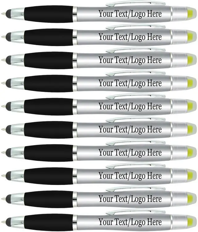 Main image of Personalized Pens with Gel Highlighter and Stylus -200 Pack Bulk-Free Imprint - 3 In Bible Highlighter No Bleed, Ballpoint Pen, and Stylus Combo- add Custom Name, Logo or Gift Message- Silver