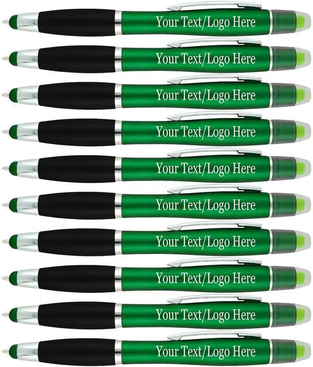 Main image of Personalized Pens with Gel Highlighter and Stylus -200 Pack Bulk-Free Imprint - 3 In Bible Highlighter No Bleed, Ballpoint Pen, and Stylus Combo- add Custom Name, Logo or Gift Message- Green