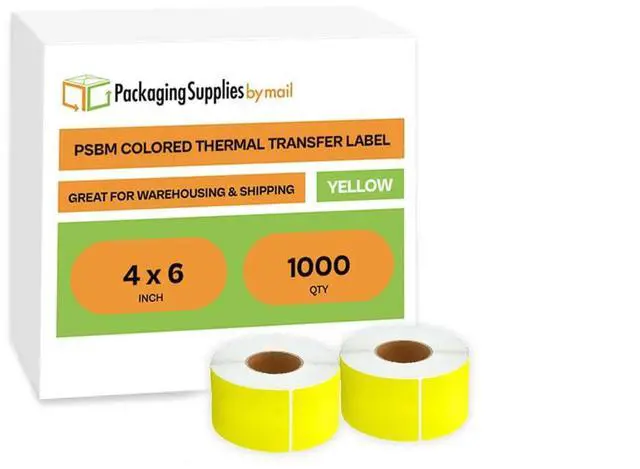 Main image of PSBM 4 Rolls 4 x 6 Inch Yellow Thermal Transfer Label Stickers, 3 Inch Core, 1000 Labels/Roll, Self-Adhesive Shipping/Address Barcode Label, Compatible with Zebra, Sato & Datamax