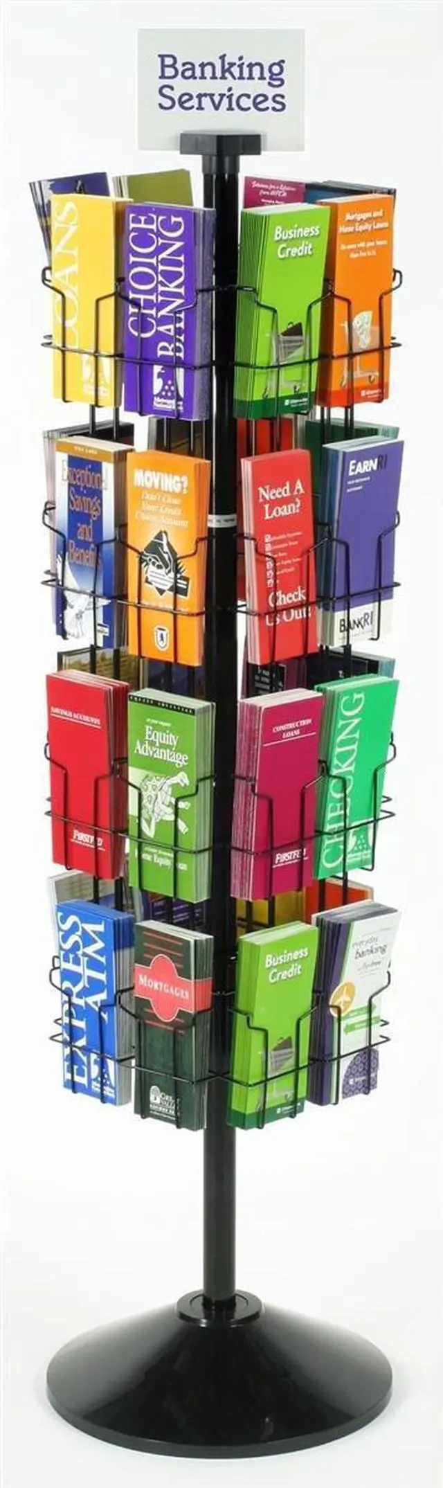Alt view image 2 of 3 - Black Wire Rotating Display Rack, 57" Tall | 32 Pockets for 4 x 9 Brochures, Free-Standing, Attached Sign Clip, WSFB432