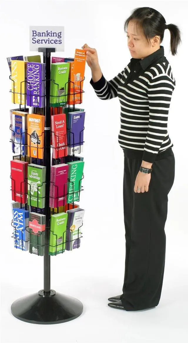 Alt view image 3 of 3 - Black Wire Rotating Display Rack, 57" Tall | 32 Pockets for 4 x 9 Brochures, Free-Standing, Attached Sign Clip, WSFB432