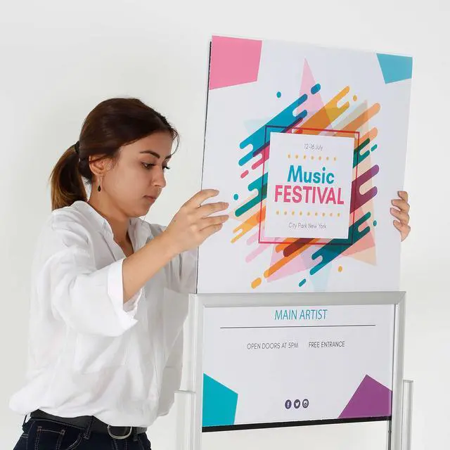 Alt view image 7 of 7 - Metal Eco Info Board, Silver 22x69 Inches Slide-In Poster Sign Holder 1 Tier Double Sided Floor Standing Pedestal Advertising Display with Backing and Anti-Glare PET Cover