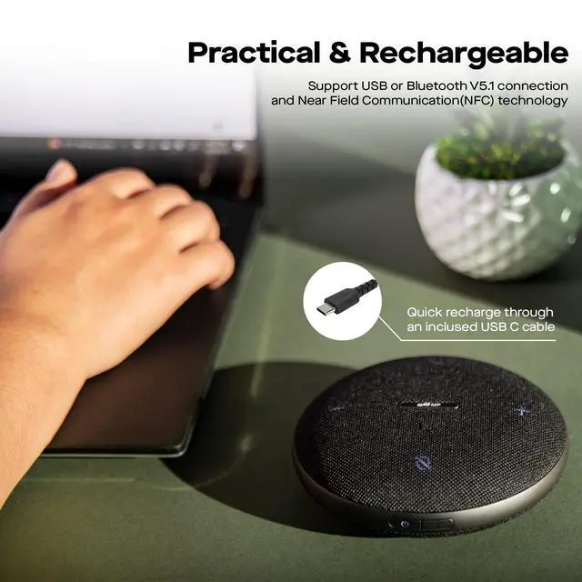 Alt view image 3 of 7 - Mobile Pixels Bluetooth Conference Speakers with 4 Microphone | 13ft Omnidirectional Voice Pickup, USB-C Plug&PlayNoise Reduction, Coatible with Zoom/Teams/Skype/Google Meet