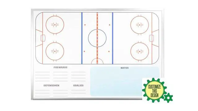 Alt view image 2 of 4 - Dry Erase Ice Hockey Whiteboard, Wall Mounted 32" Tall x 45" Wide with Aluminum Trim and Full-Length Marker Tray. Includes Installation Hardware. Features Image of Full Rink, Line-Up, and Notes