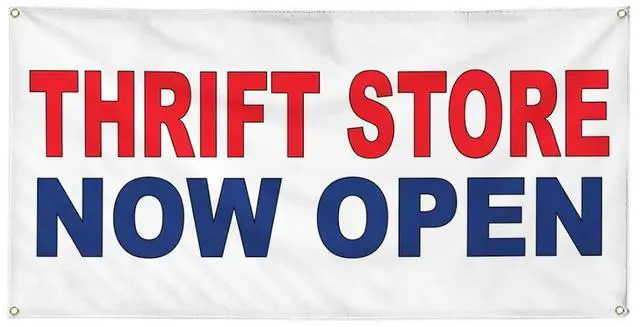Main image of Vinyl Banner Multiple Sizes Thrift Store Now Open Red Blue Business Outdoor Weatherproof Industrial Yard Signs 10 Grommets 60x144Inches