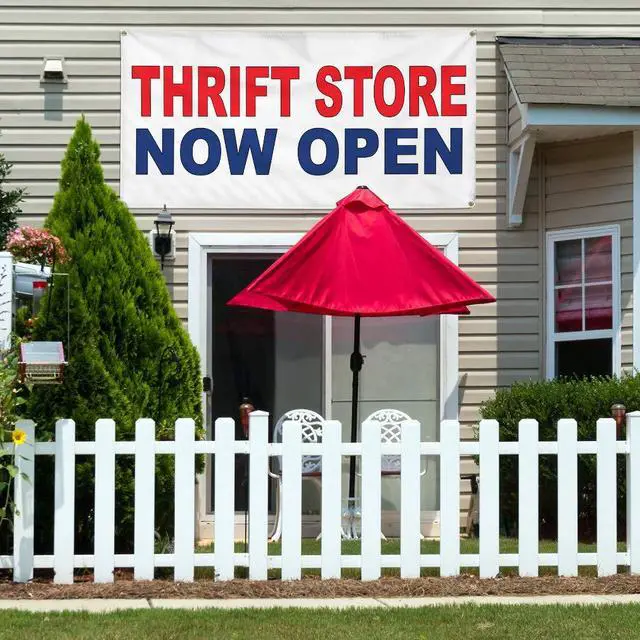 Alt view image 3 of 6 - Vinyl Banner Multiple Sizes Thrift Store Now Open Red Blue Business Outdoor Weatherproof Industrial Yard Signs 10 Grommets 60x144Inches