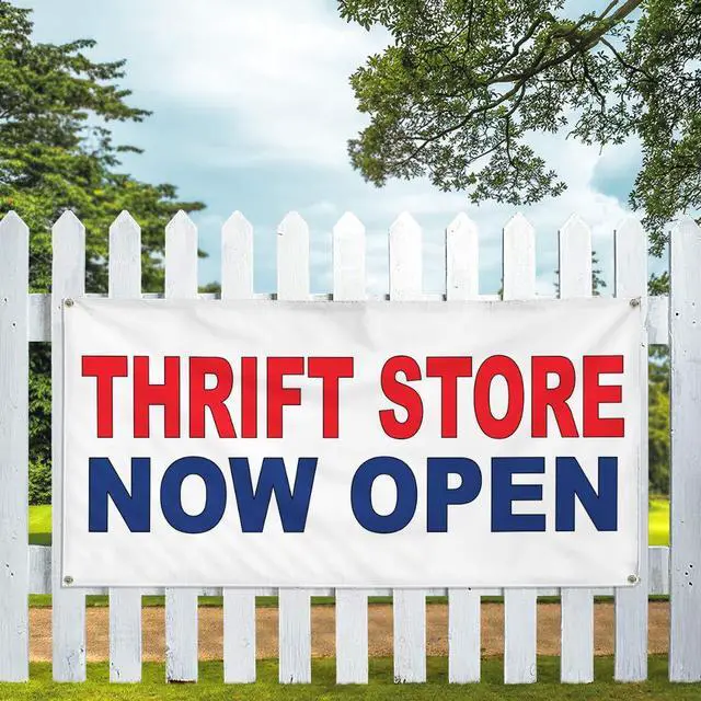 Alt view image 5 of 6 - Vinyl Banner Multiple Sizes Thrift Store Now Open Red Blue Business Outdoor Weatherproof Industrial Yard Signs 10 Grommets 60x144Inches