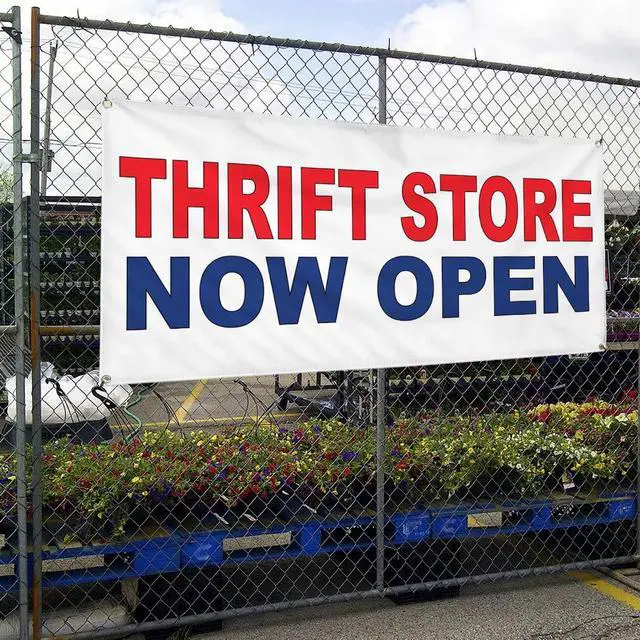 Alt view image 4 of 6 - Vinyl Banner Multiple Sizes Thrift Store Now Open Red Blue Business Outdoor Weatherproof Industrial Yard Signs 10 Grommets 60x144Inches