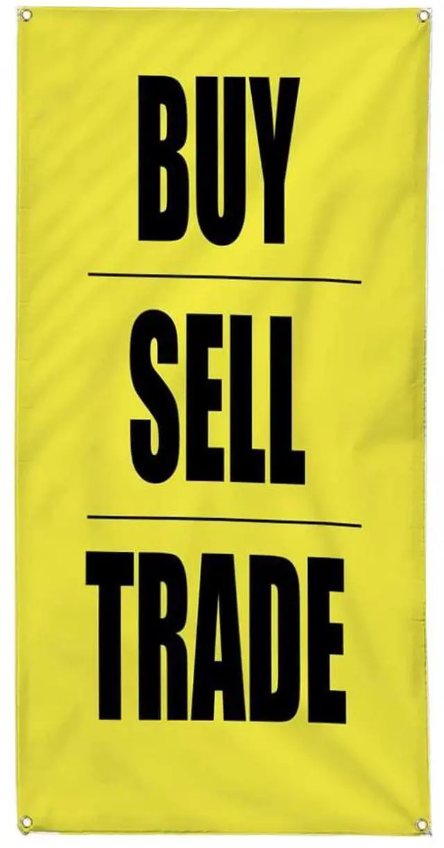 Main image of Vertical Vinyl Banner Multiple Sizes Buy Sell Trade Yellow & Red Promotion Business Business Outdoor Weatherproof Industrial Yard Signs 10 Grommets 144x60Inches