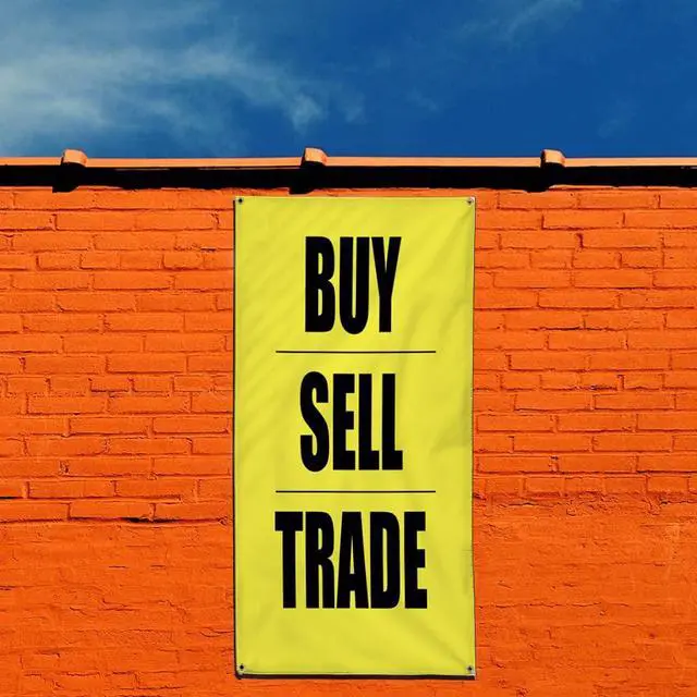 Alt view image 3 of 5 - Vertical Vinyl Banner Multiple Sizes Buy Sell Trade Yellow & Red Promotion Business Business Outdoor Weatherproof Industrial Yard Signs 10 Grommets 144x60Inches
