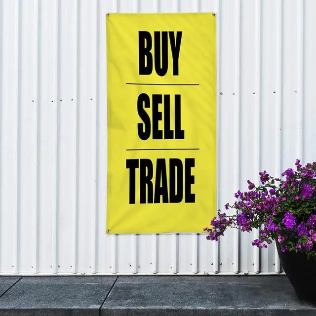 Alt view image 4 of 5 - Vertical Vinyl Banner Multiple Sizes Buy Sell Trade Yellow & Red Promotion Business Business Outdoor Weatherproof Industrial Yard Signs 10 Grommets 144x60Inches