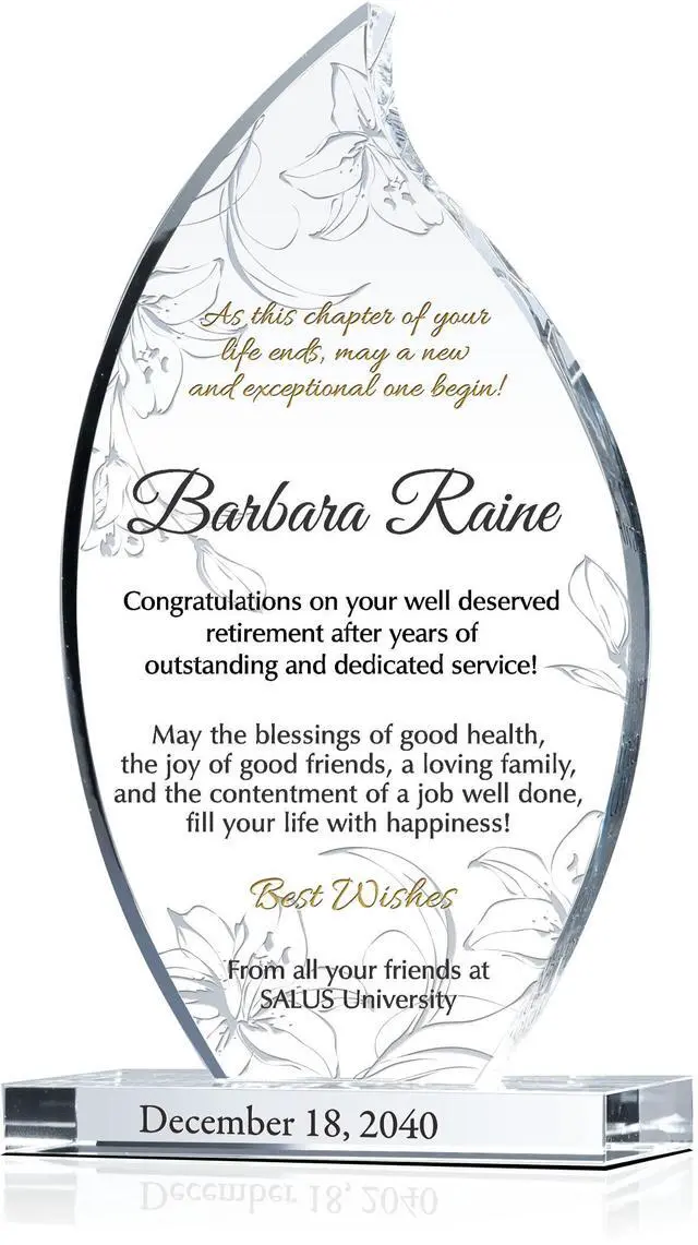 Main image of Personalized Crystal Flame Shaped Retirement Gift Plaque for Woman Coworker or Female Boss, Customized with Retiree's Name, Service Period, Unique Employee Retirement Gift (M - 7.5")