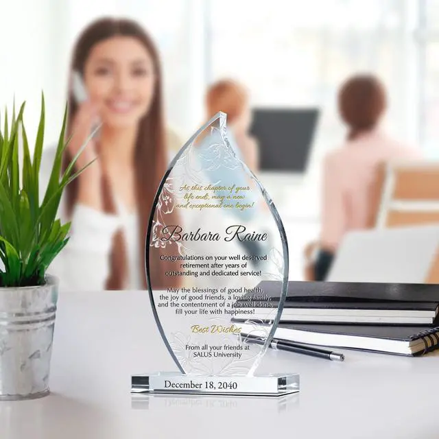 Alt view image 2 of 7 - Personalized Crystal Flame Shaped Retirement Gift Plaque for Woman Coworker or Female Boss, Customized with Retiree's Name, Service Period, Unique Employee Retirement Gift (M - 7.5")