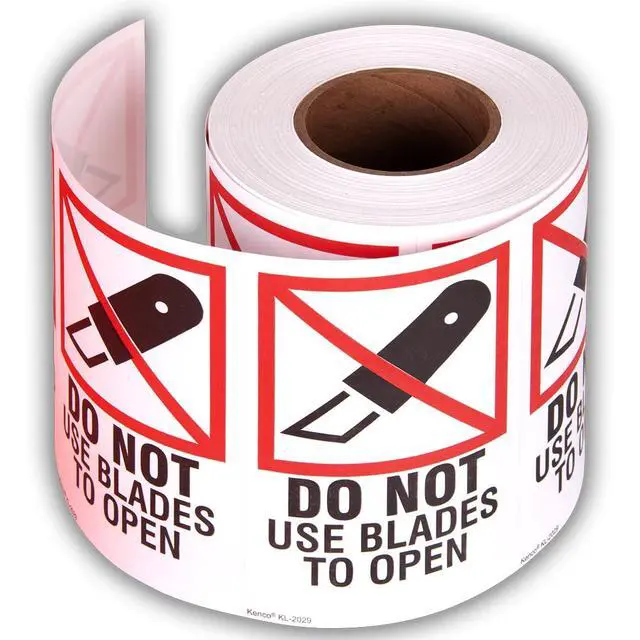 Alt view image 2 of 5 - 3" X 5" Do Not Use Blades to Open Safe Handling Stickers for Shipping and Packing - 500 Adhesive Labels Per Roll (10 Pack)