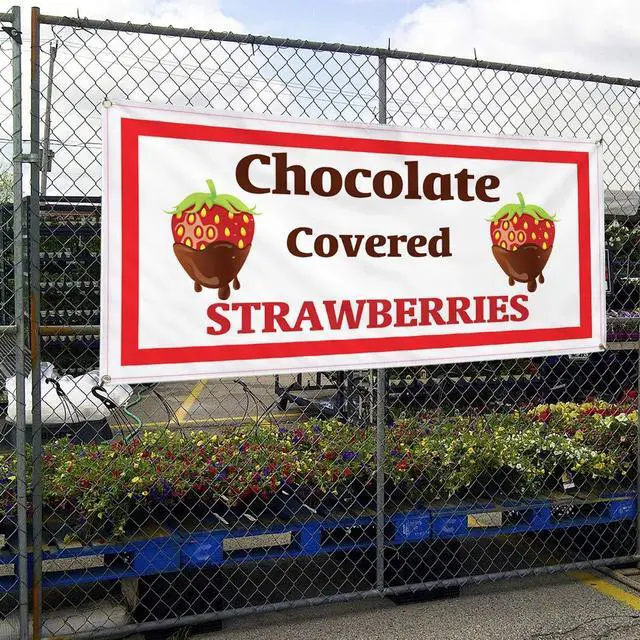 Alt view image 4 of 6 - Vinyl Banner Multiple Sizes Chocolate Covered Strawberries Restaurant Cafe A Food & Beverage Berry Outdoor Weatherproof Industrial Yard Signs Red 10 Grommets 60x144Inches