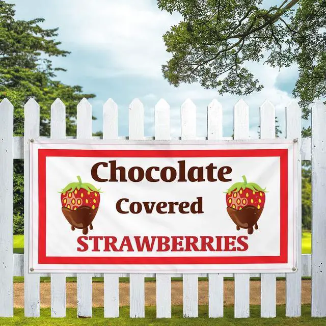 Alt view image 5 of 6 - Vinyl Banner Multiple Sizes Chocolate Covered Strawberries Restaurant Cafe A Food & Beverage Berry Outdoor Weatherproof Industrial Yard Signs Red 10 Grommets 60x144Inches