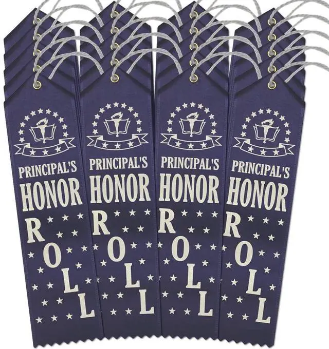 Main image of Principal's Honor Roll Award Ribbons - 500 Navy Blue Ribbons with Card & String