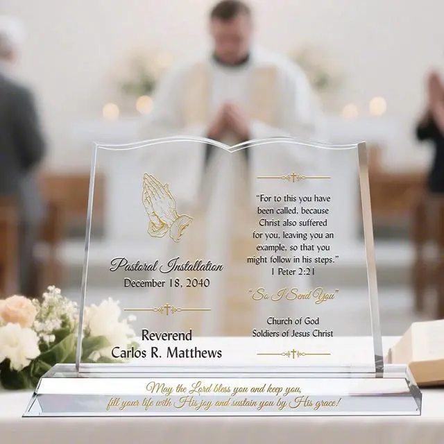 Alt view image 2 of 7 - Custom Bible-Shaped Pastor Installation Plaque Personalized Crystal Welcome Gift for New Minister or Church Leader (M - 10")