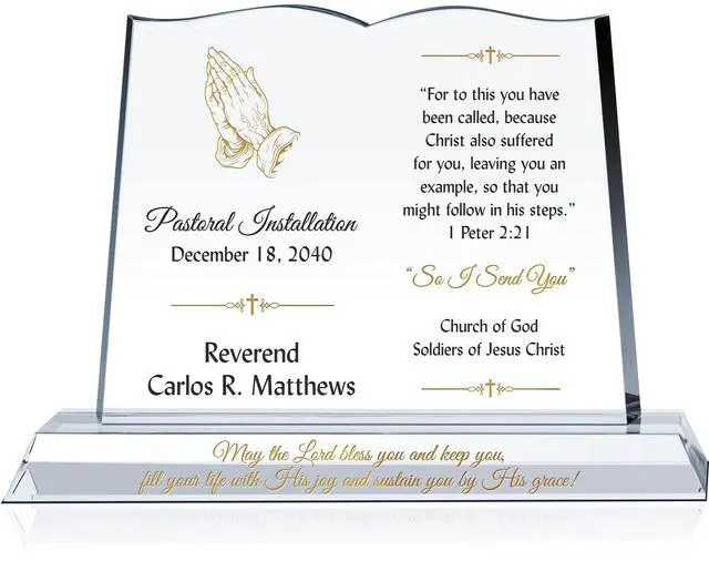 Main image of Custom Bible-Shaped Pastor Installation Plaque Personalized Crystal Welcome Gift for New Minister or Church Leader (M - 10")