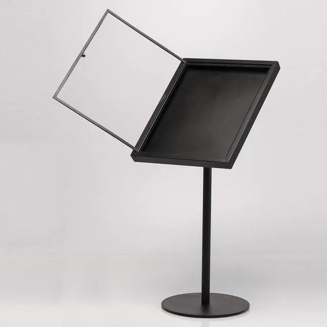 Alt view image 2 of 7 - Metal Enclosed Bulletin Menu Board Black with Gray Pattern 4X(8.5x11) Inches Menu Holder Floor Standing Pedestal Advertising Display with Cover