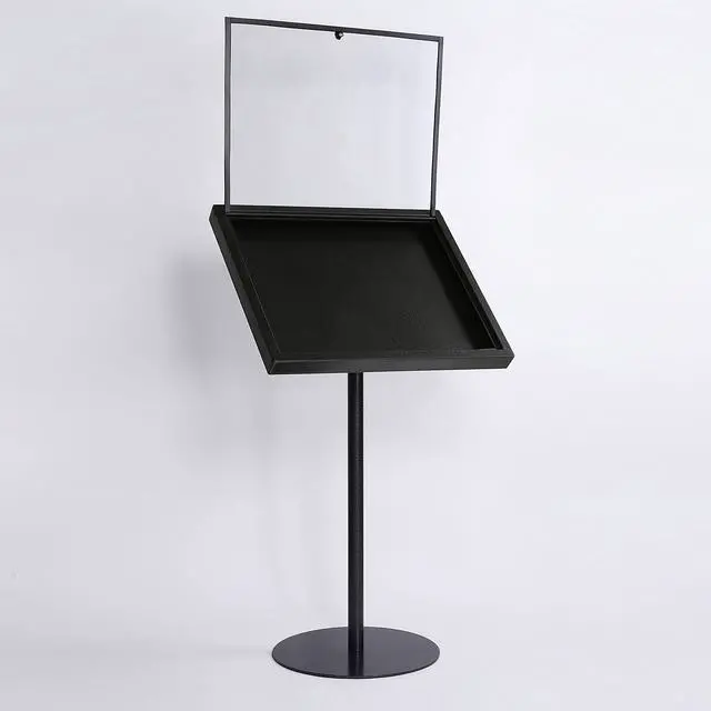 Alt view image 3 of 7 - Metal Enclosed Bulletin Menu Board Black with Gray Pattern 4X(8.5x11) Inches Menu Holder Floor Standing Pedestal Advertising Display with Cover