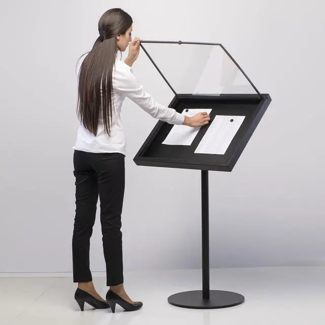 Alt view image 6 of 7 - Metal Enclosed Bulletin Menu Board Black with Gray Pattern 4X(8.5x11) Inches Menu Holder Floor Standing Pedestal Advertising Display with Cover
