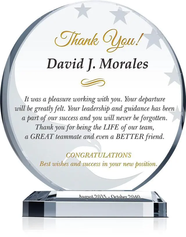 Main image of Custom Crystal Farewell Gift Plaque Personalized Going Away or Retirement Award for Coworker, Employee, Boss, or Manager (L - 8")