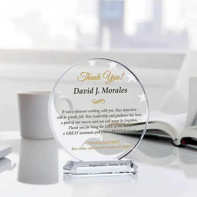 Alt view image 3 of 7 - Custom Crystal Farewell Gift Plaque Personalized Going Away or Retirement Award for Coworker, Employee, Boss, or Manager (L - 8")