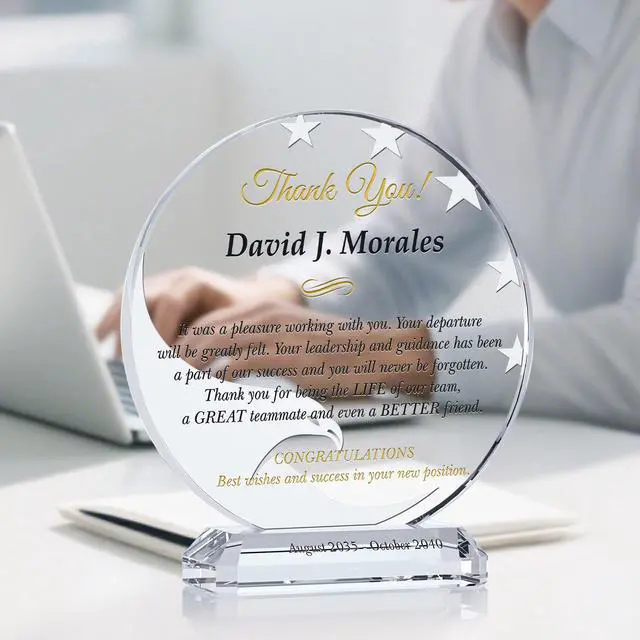 Alt view image 2 of 7 - Custom Crystal Farewell Gift Plaque Personalized Going Away or Retirement Award for Coworker, Employee, Boss, or Manager (L - 8")