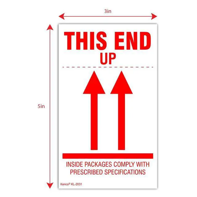 Alt view image 3 of 5 - 3" X 5" This End Up/Inside Packages Comply with Prescribed Specifications Stickers - 500 Adhesive Labels Per Roll (10 Pack)