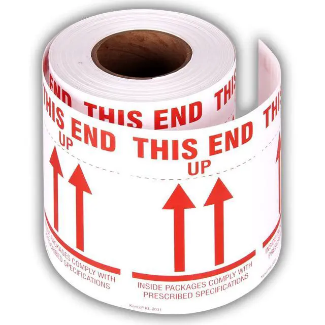 Alt view image 2 of 5 - 3" X 5" This End Up/Inside Packages Comply with Prescribed Specifications Stickers - 500 Adhesive Labels Per Roll (10 Pack)
