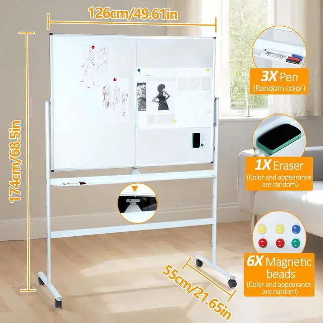 Alt view image 2 of 7 - Rolling Whiteboard, 36"x50" Mobile Whiteboard with Stand - Portable Magnetic Dry Erase Board on Wheels, Large Adjustable White Board for Home, School, Office (36×50)