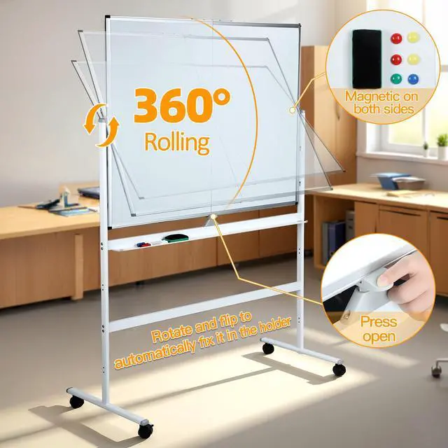 Alt view image 3 of 7 - Rolling Whiteboard, 36"x50" Mobile Whiteboard with Stand - Portable Magnetic Dry Erase Board on Wheels, Large Adjustable White Board for Home, School, Office (36×50)