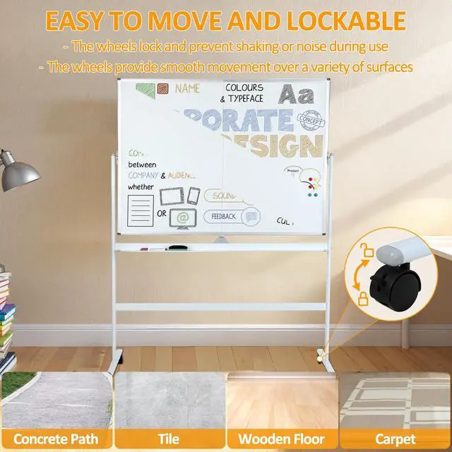 Alt view image 6 of 7 - Rolling Whiteboard, 36"x50" Mobile Whiteboard with Stand - Portable Magnetic Dry Erase Board on Wheels, Large Adjustable White Board for Home, School, Office (36×50)